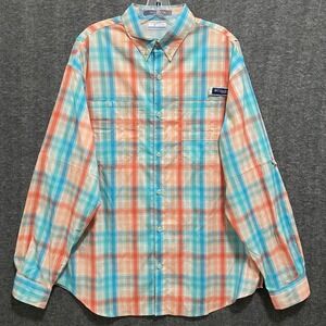 Columbia PFG Super Tamiami Shirt Mens Large Plaid Omni Shade Fishing Vented Mesh